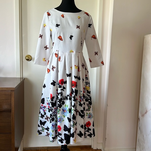Vintage Bespoke Butterfly Print Fit and Flare Dress M EUC - Picture 1 of 13